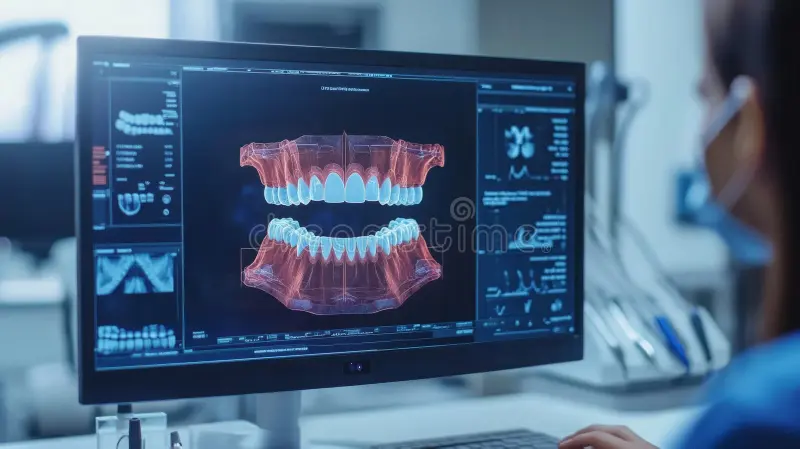 Dentist using digital intraoral scanner and AI software for advanced dental diagnosis and treatment planning.