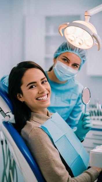 Dentist checking child and parent after vacation dental visit