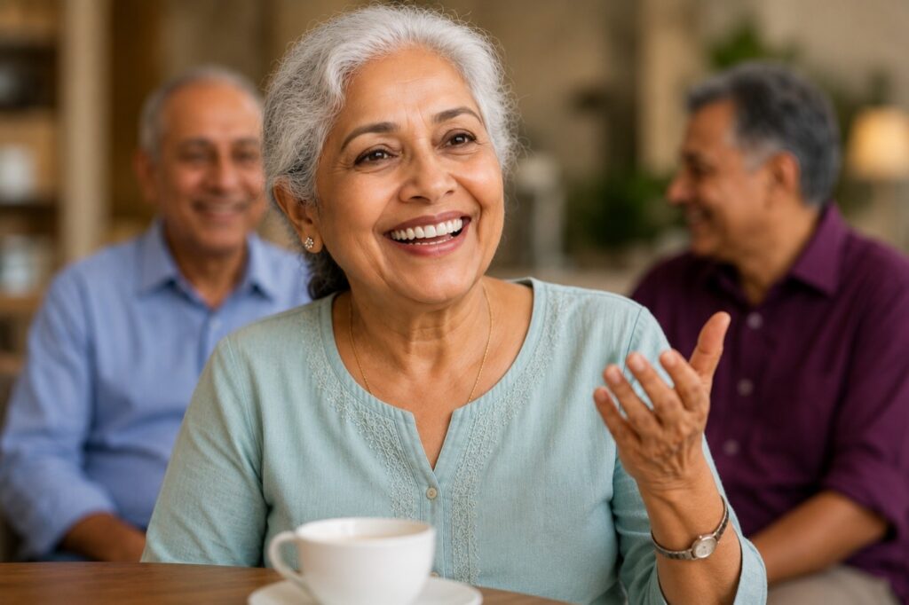 Person struggling with loose dentures while speaking compared to a confident smile with stable teeth