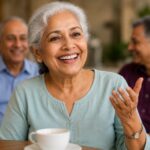 Person struggling with loose dentures while speaking compared to a confident smile with stable teeth
