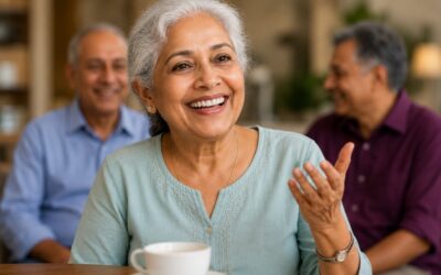 Person struggling with loose dentures while speaking compared to a confident smile with stable teeth