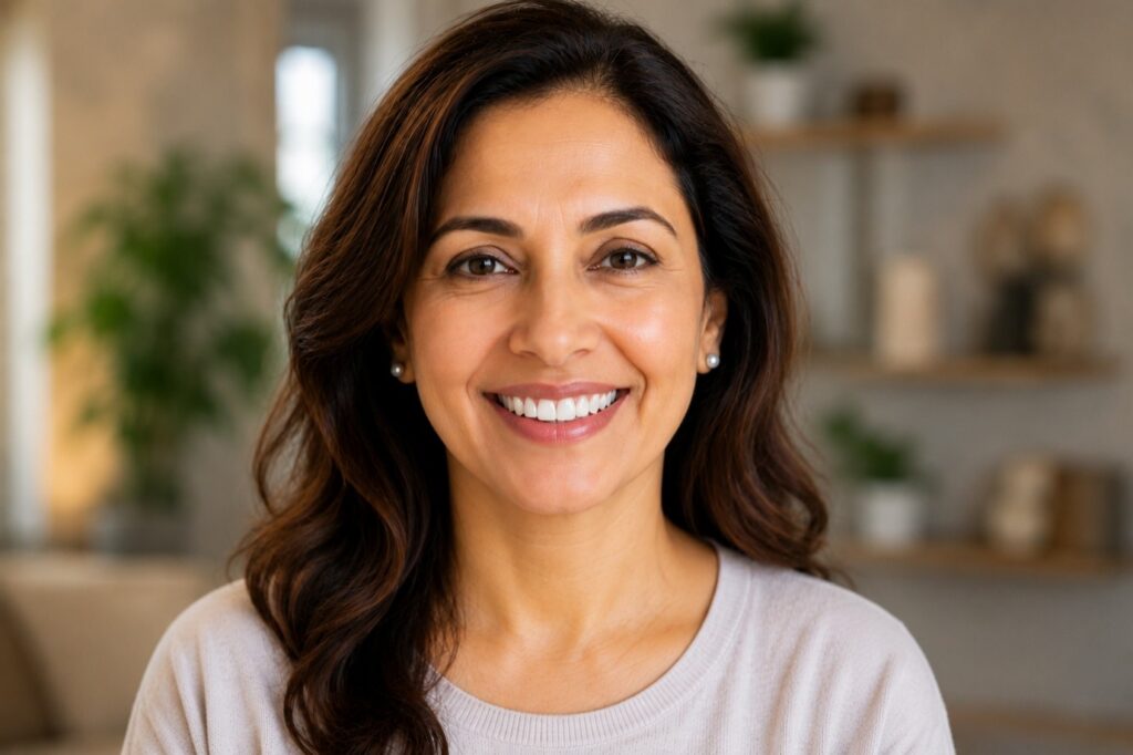Person noticing premature facial aging caused by missing teeth and jawbone loss