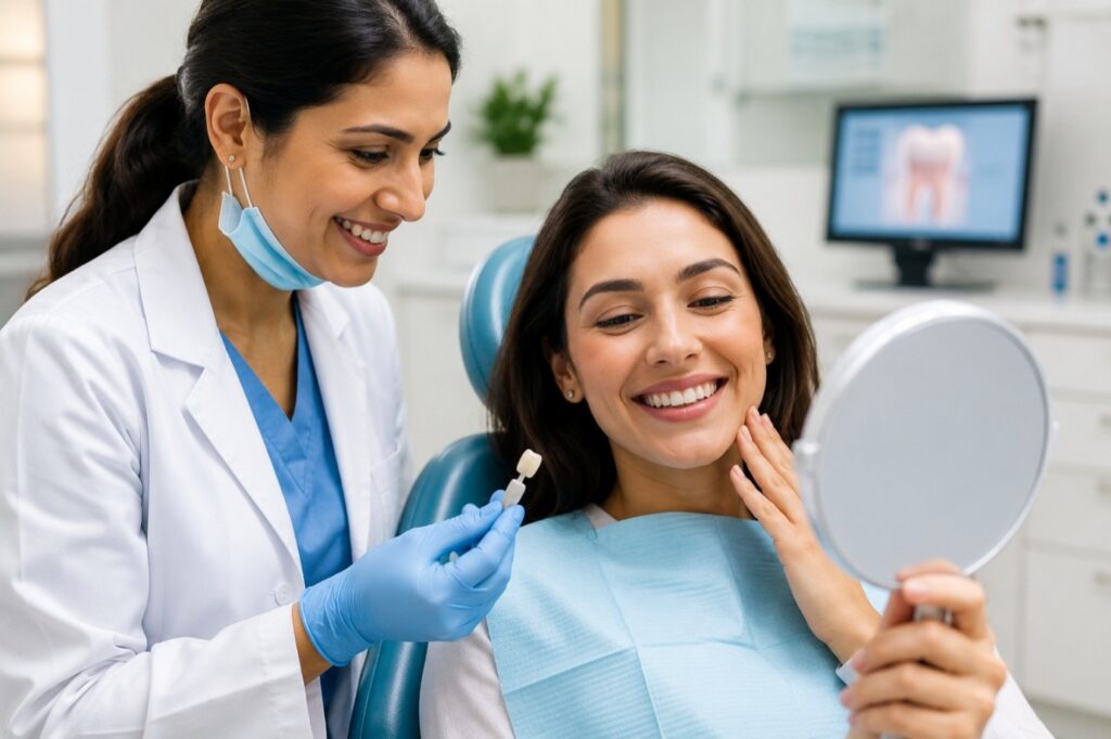 Person experiencing sudden pain and panic after a weak tooth breaks while eating